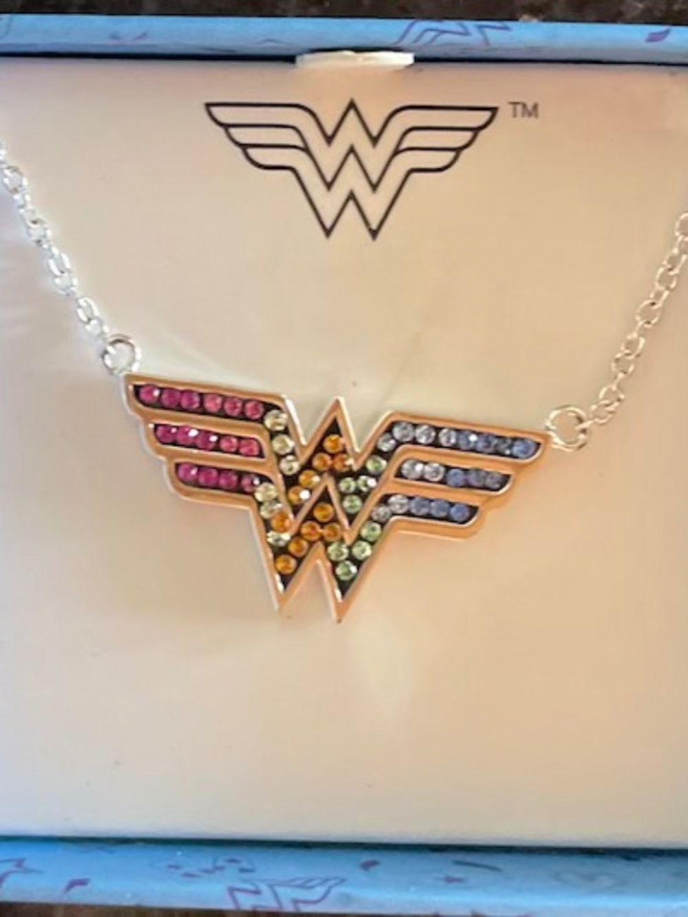 Rainbow crystal Wonder Woman silver necklace NEW in BOX GREAT GIFT